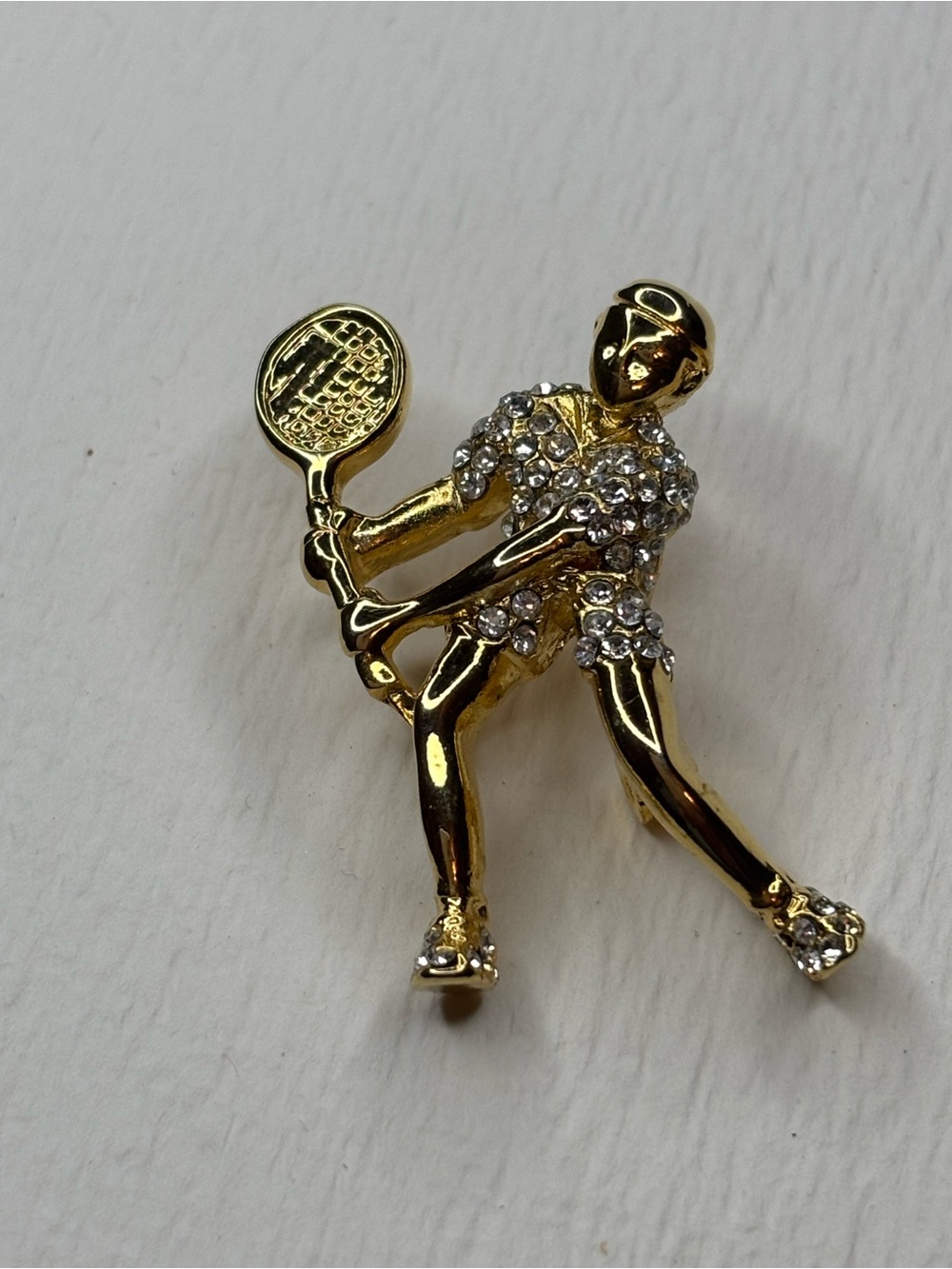 Gold Tone Tennis Player Brooch with Clear Crystal Accents